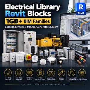 May include: A digital collection of Electrical Library Revit Blocks featuring 1GB+ BIM Families including sockets, switches, panels, and generators. The display shows various electrical components, a computer monitor with a 3D model, and icons.