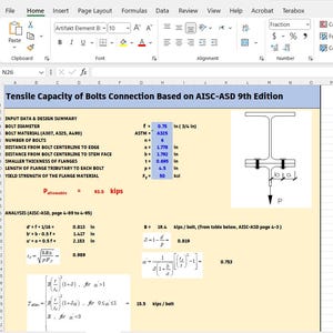 May include: A digital spreadsheet titled Tensile Capacity of Bolts Connection Based on AISC-ASD 9th Edition. It displays engineering input data, a technical diagram of a bolted connection, and mathematical formulas calculating bolt tension.