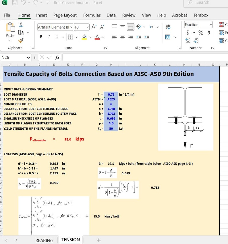 May include: A digital spreadsheet titled Tensile Capacity of Bolts Connection Based on AISC-ASD 9th Edition. It displays engineering input data, a technical diagram of a bolted connection, and mathematical formulas calculating bolt tension.