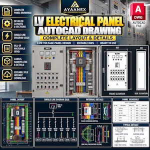 May include: An LV electrical panel AutoCAD drawing file featuring a complete layout, internal details, single line diagram, and panel schedule. The visual includes a gray metal enclosure with internal busbars, circuit breakers, and technical dimensions of 2200mm by 800mm by 400mm.