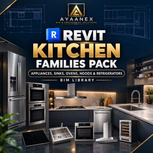 Puede incluir: Un gráfico promocional digital para AYAANEX BIM & Engineering Solutions que presenta un paquete de familias de cocina Revit. La imagen muestra varios electrodomésticos de acero inoxidable, incluyendo refrigeradores, hornos, fregaderos, campanas y una vinoteca.