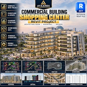May include: A digital Revit project file for a commercial shopping center featuring a multi-story curved building design, floor plans, elevations, sections, 3D BIM models, and schedules with room data, presented in a professional layout.