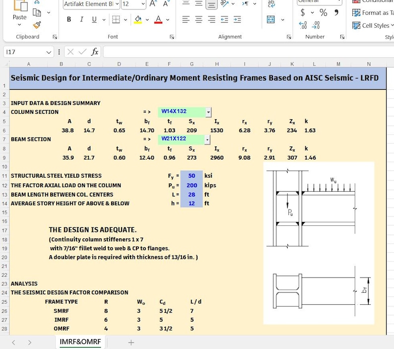 May include: A spreadsheet titled Seismic Design for Intermediate/Ordinary Moment Resisting Frames Based on AISC Seismic - LRFD. It displays structural steel column and beam section data, design parameters in ksi, kips, and feet, and a diagram.