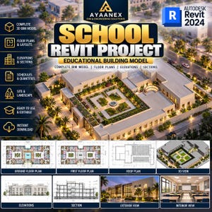 Op de afbeelding: Een digitaal School Revit Project educatief gebouwmodel van Ayaanex met een 3D BIM-model, plattegronden, aanzichten, doorsneden, schema's en hoeveelheden. Bevat tekstlabels voor het complete BIM-model, plattegronden, aanzichten en doorsneden.