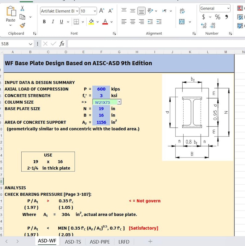 May include: A spreadsheet titled WF Base Plate Design Based on AISC-ASD 9th Edition showing engineering input data, including an axial load of 600 kips, concrete strength of 3 ksi, and a base plate size of 19 inches by 16 inches with a 2-1/4 inch thickness.