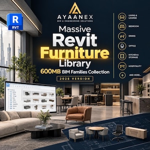Może przedstawiać: Cyfrowa grafika promocyjna dla biblioteki mebli Revit Ayaanex w wersji 2025, kolekcja rodzin BIM o rozmiarze 600 MB. Obraz przedstawia nowoczesne wnętrze z różnymi meblami oraz ekran komputera wyświetlający katalog plików z ikonami mebli.