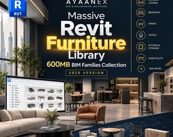 Może przedstawiać: Cyfrowa grafika promocyjna dla biblioteki mebli Revit Ayaanex w wersji 2025, kolekcja rodzin BIM o rozmiarze 600 MB. Obraz przedstawia nowoczesne wnętrze z różnymi meblami oraz ekran komputera wyświetlający katalog plików z ikonami mebli.