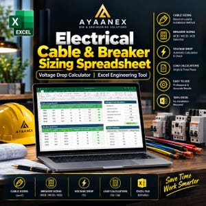 May include: A laptop displaying an Electrical Cable & Breaker Sizing Spreadsheet by Ayaanex. The screen shows tables for cable sizing, breaker selection, and voltage drop calculations. A yellow hard hat and electrical wires sit on the desk.