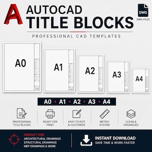 May include: A digital collection of AutoCAD title blocks in DWG file format, featuring five standard paper sizes labeled A0, A1, A2, A3, and A4. The graphic includes icons for professional title blocks, print readiness, customization, metric system, and organization.