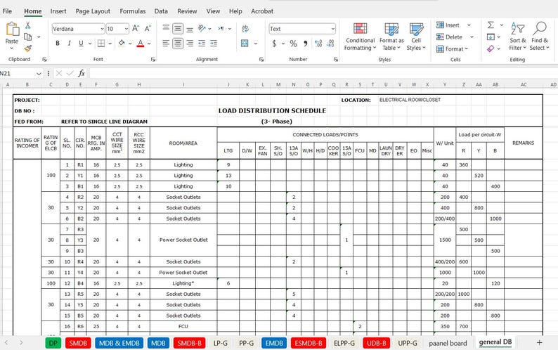 Panel Schedule Excel Template for DB SMDB MDB | Electrical Load ...