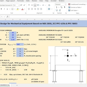 May include: A spreadsheet titled Double Joist Design for Mechanical Equipment Based on NDS 2001, ICC PFC-4354 & PFC-5803. It displays input data including a 30 ft joist span, 26 psf dead load, 24 in joist spacing, and a 3 kips equipment weight.