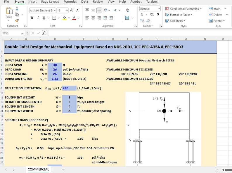 May include: A spreadsheet titled Double Joist Design for Mechanical Equipment Based on NDS 2001, ICC PFC-4354 & PFC-5803. It displays input data including a 30 ft joist span, 26 psf dead load, 24 in joist spacing, and a 3 kips equipment weight.