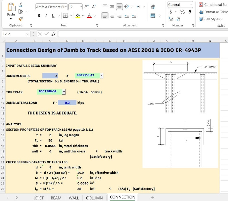 May include: A spreadsheet titled Connection Design of Jamb to Track Based on AISI 2001 & ICBO ER-4943P. It displays input data for jamb members and top track, a structural diagram, and analysis calculations including bending capacity in inches and kips.