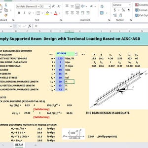 May include: A spreadsheet titled Simply Supported Beam Design with Torsional Loading Based on AISC-ASD. It displays input data for a W10X54 beam, including gravity loads, axial loads, and lengths in feet, alongside a structural diagram and analysis results.