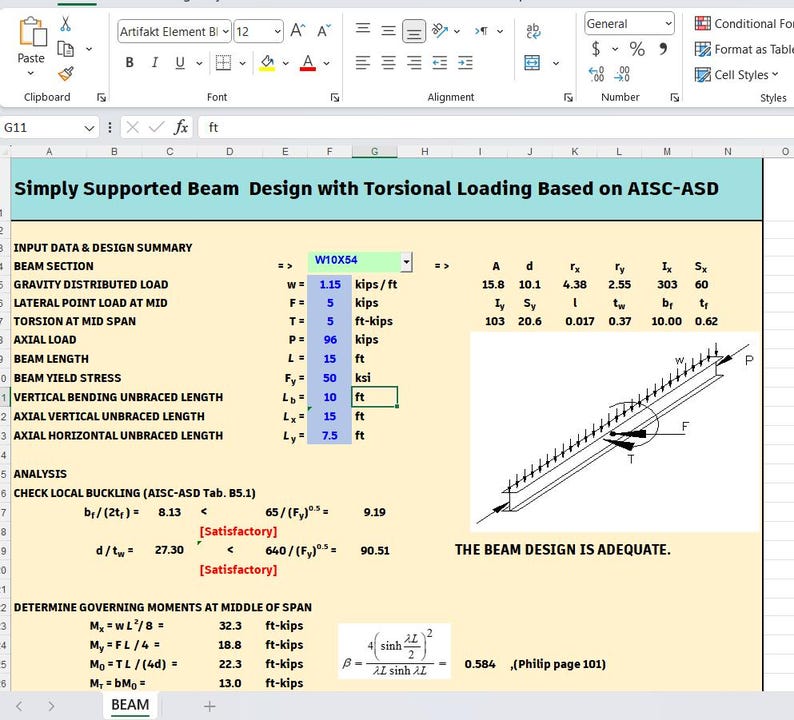 May include: A spreadsheet titled Simply Supported Beam Design with Torsional Loading Based on AISC-ASD. It displays input data for a W10X54 beam, including gravity loads, axial loads, and lengths in feet, alongside a structural diagram and analysis results.