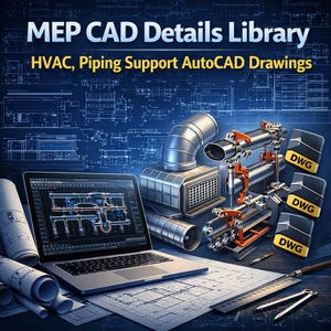 Puede incluir: Un portátil que muestra un dibujo CAD se encuentra entre componentes de climatización y tuberías, planos y archivos DWG. La imagen incluye el texto "MEP CAD Details Library" y "HVAC, Piping Support AutoCAD Drawings."