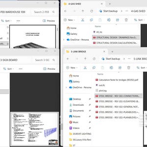 May include: A computer screen display showing four open file explorer windows labeled 2-PEB WAREHOUSE, 4-GAS SHED, 3-SIGN BOARD, and 5-LINK BRIDGE. Each window contains lists of PDF documents, structural design files, and technical drawings.
