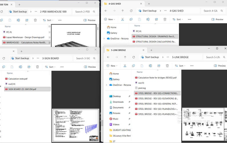 May include: A computer screen display showing four open file explorer windows labeled 2-PEB WAREHOUSE, 4-GAS SHED, 3-SIGN BOARD, and 5-LINK BRIDGE. Each window contains lists of PDF documents, structural design files, and technical drawings.