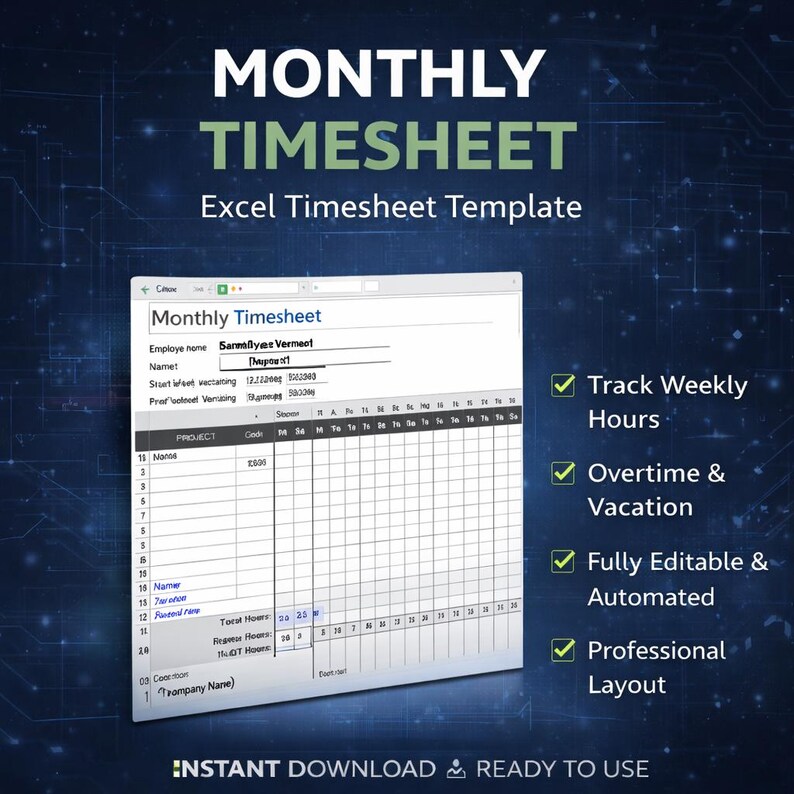 Monthly Timesheet Excel Template | Employee Time Tracking & Work Hours ...