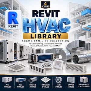 May include: A digital Revit HVAC library collection featuring 500MB of air conditioning and ventilation families. The graphic displays various metal ducts, diffusers, AHU, and FCU units with text labels for each component category.