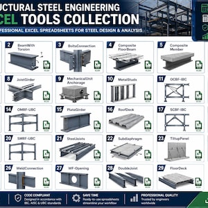 May include: A digital collection of 29 structural steel engineering Excel spreadsheets, featuring numbered icons for various steel components like base plates, beams, and connections, with text labels and file icons for each professional design tool.
