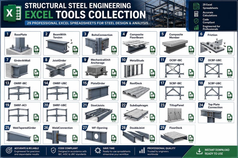 May include: A digital collection of 29 structural steel engineering Excel spreadsheets, featuring numbered icons for various steel components like base plates, beams, and connections, with text labels and file icons for each professional design tool.