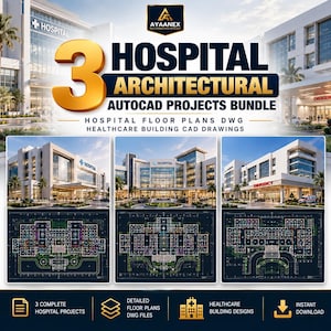 May include: A digital bundle featuring 3 hospital architectural AutoCAD projects. The graphic displays three distinct hospital building exteriors paired with their corresponding detailed floor plan CAD drawings and the text 3 HOSPITAL ARCHITECTURAL AUTOCAD PROJECTS BUNDLE.