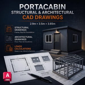 Dibujos CAD estructurales y arquitectónicos de cabañas portátiles (2,9 x 3,5 x 3,65 m) con cálculo de techo, suelo, paredes y cargas.