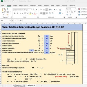 May include: A technical spreadsheet titled Shear Friction Reinforcing Design Based on ACI 318-02, displaying engineering input data, design summary, and analysis calculations with a diagram showing forces Ru and Tu on a concrete structure.