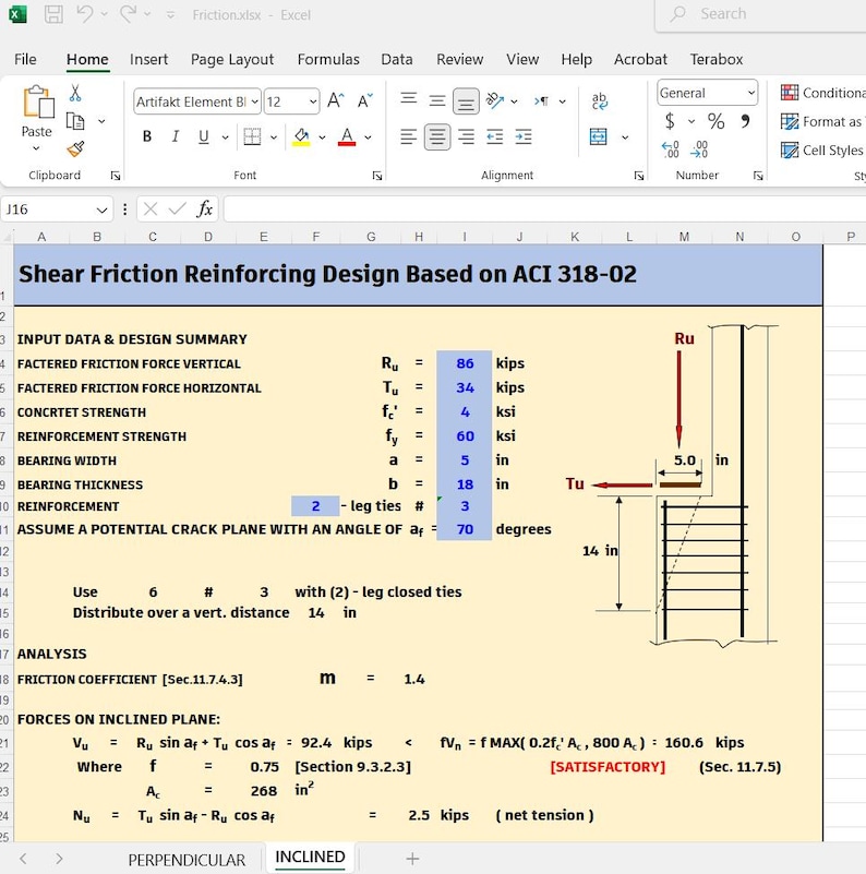 May include: A technical spreadsheet titled Shear Friction Reinforcing Design Based on ACI 318-02, displaying engineering input data, design summary, and analysis calculations with a diagram showing forces Ru and Tu on a concrete structure.