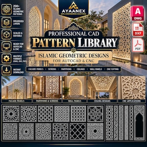 May include: A professional CAD pattern library featuring over 200 Islamic geometric designs for AutoCAD and CNC. The digital collection includes facade panels, screens, partitions, ceilings, and wall panels in DWG, DXF, and PDF formats.