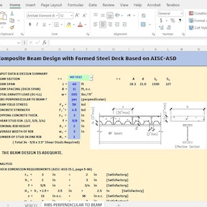 May include: A spreadsheet titled Composite Beam Design with Formed Steel Deck Based on AISC-ASD. It displays input data, design summary, and a technical diagram showing a WF beam with shear studs and concrete topping with specific dimensions.