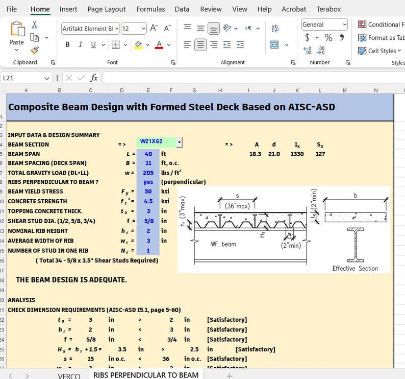 May include: A spreadsheet titled Composite Beam Design with Formed Steel Deck Based on AISC-ASD. It displays input data, design summary, and a technical diagram showing a WF beam with shear studs and concrete topping with specific dimensions.