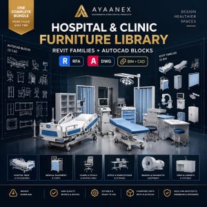 May include: A digital library of hospital and clinic furniture featuring Revit families and AutoCAD blocks. The graphic displays various medical equipment including beds, examination tables, chairs, workstations, and diagnostic tools with text labels.