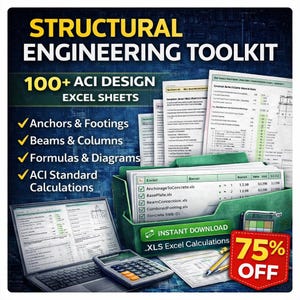 May include: A structural engineering toolkit featuring 100+ ACI design Excel sheets, including anchors, footings, beams, columns, formulas, diagrams, and ACI standard calculations. The set includes a laptop, calculator, and a green file organizer.