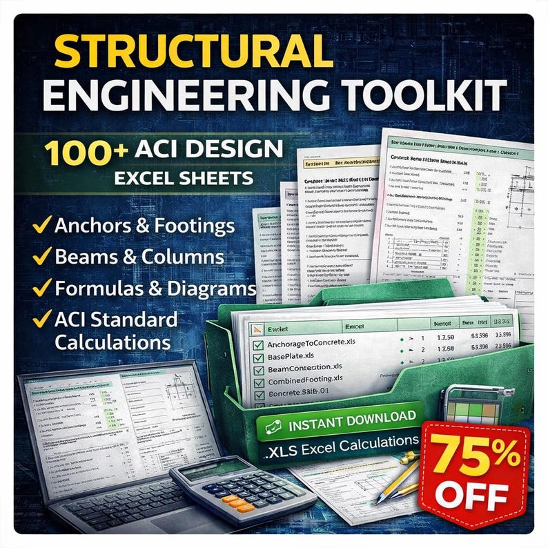May include: A structural engineering toolkit featuring 100+ ACI design Excel sheets, including anchors, footings, beams, columns, formulas, diagrams, and ACI standard calculations. The set includes a laptop, calculator, and a green file organizer.