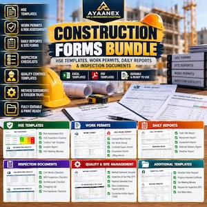 May include: A digital construction forms bundle by Ayaanex featuring HSE templates, work permits, daily reports, and inspection checklists. The image displays yellow hard hats, rolled blueprints, and various document samples in Excel and PDF formats.