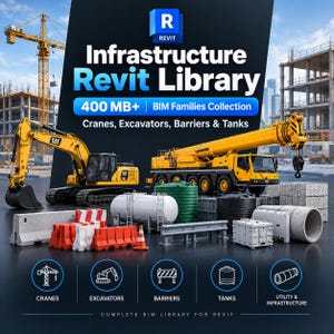 May include: A digital graphic for an Infrastructure Revit Library featuring a yellow CAT excavator and a yellow Liebherr crane. The image displays construction equipment, including white and green tanks, concrete barriers, and orange traffic cones.