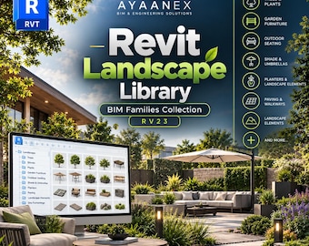 Può includere: Uno schermo digitale che mostra la Revit Landscape Library BIM Families Collection con categorie per alberi, piante, mobili da giardino, sedute, ombrelloni, fioriere, pavimentazioni e vialetti, su uno sfondo di un patio.