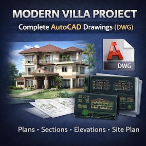 Puede incluir: Imagen de un proyecto de villa moderna con planos completos de AutoCAD. La imagen presenta una representación arquitectónica detallada de una casa de varios pisos, acompañada de planos, secciones, alzados y un plano de situación. El texto "MODERN VILLA PROJECT" se muestra.