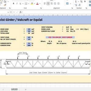 May include: A technical spreadsheet document titled Joist Girder / Vulcraft or Equal, displaying structural engineering data including dead load, live load, joist span, and girder depth in inches, feet, and psf, with a diagram of a joist girder.