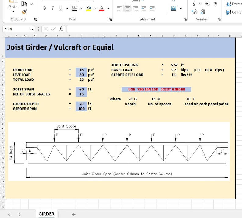 May include: A technical spreadsheet document titled Joist Girder / Vulcraft or Equal, displaying structural engineering data including dead load, live load, joist span, and girder depth in inches, feet, and psf, with a diagram of a joist girder.