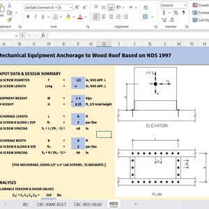 May include: A technical spreadsheet titled Mechanical Equipment Anchorage to Wood Roof Based on NDS 1997, displaying input data for lag screw diameter of 1/2 inch, length of 4 inches, equipment weight of 1.4 kips, and diagrams showing elevation and plan views.