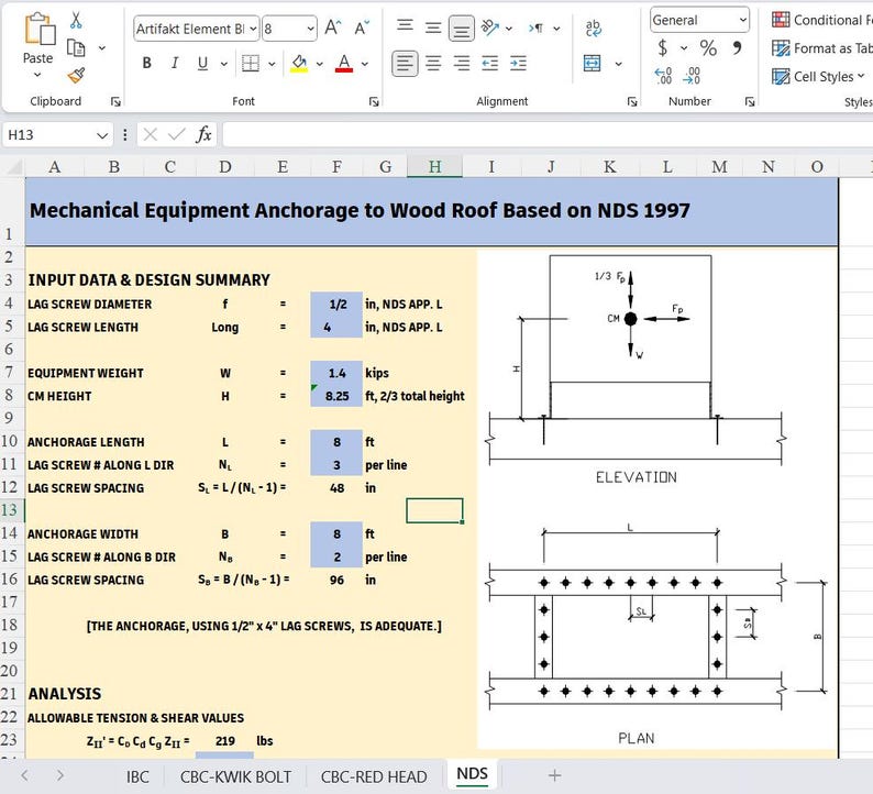 May include: A technical spreadsheet titled Mechanical Equipment Anchorage to Wood Roof Based on NDS 1997, displaying input data for lag screw diameter of 1/2 inch, length of 4 inches, equipment weight of 1.4 kips, and diagrams showing elevation and plan views.