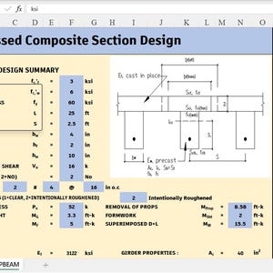 May include: A spreadsheet titled Prestressed Composite Section Design displaying engineering input data, design summary, and analysis parameters. It includes a technical diagram of a composite girder section with labels for flange and girder dimensions.