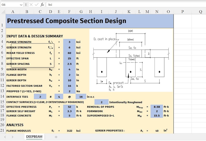 May include: A spreadsheet titled Prestressed Composite Section Design displaying engineering input data, design summary, and analysis parameters. It includes a technical diagram of a composite girder section with labels for flange and girder dimensions.