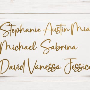 May include: A white rectangular sheet featuring gold metallic adhesive lettering in a cursive script. The names Stephanie, Austin, Mia, Michael, Sabrina, David, Vanessa, and Jessica are printed in three horizontal rows on the surface.