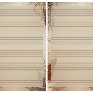 Op de afbeelding: Twee vellen gelijnd briefpapier met een beige achtergrond. De rand heeft bruine en grijze veren, dromenvangers en andere decoratieve elementen. Het papier is ontworpen om op te schrijven en aantekeningen te maken.