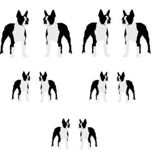 Op de afbeelding: Een herhalend patroon van zwart-witte Boston Terrier hondenillustraties op een witte achtergrond. De honden worden afgebeeld in een staande pose, met hun kenmerkende markeringen duidelijk zichtbaar. Het ontwerp is eenvoudig en grafisch.
