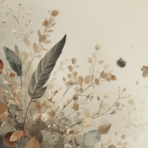 Op de afbeelding: Een artistieke illustratie met gedroogde bladeren, twijgen en een grote veer in bruin-, beige- en grijstinten. De compositie heeft een zachte, aquarelachtige kwaliteit, met een neutrale achtergrond.